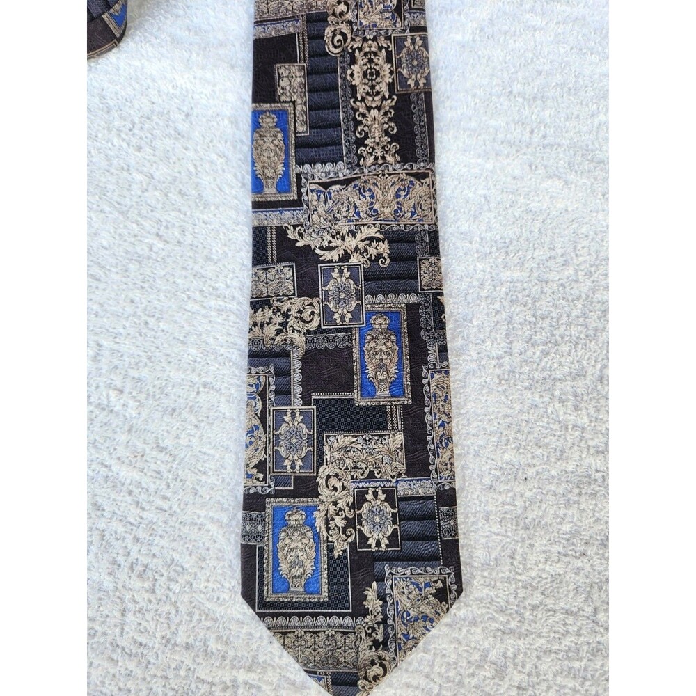 Vintage 90s Daniel de Fasson 100% Silk Handmade Tie Geometric Baroque Tile